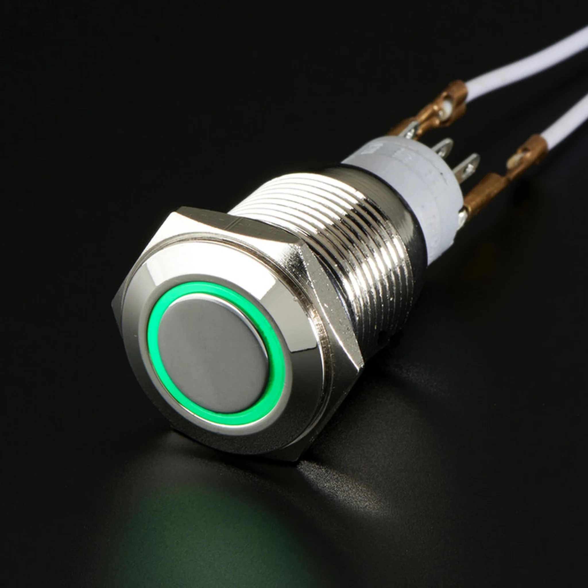 Adafruit Weatherproof Metal On/Off Switch with Green LED Ring – 16mm Green On/Off