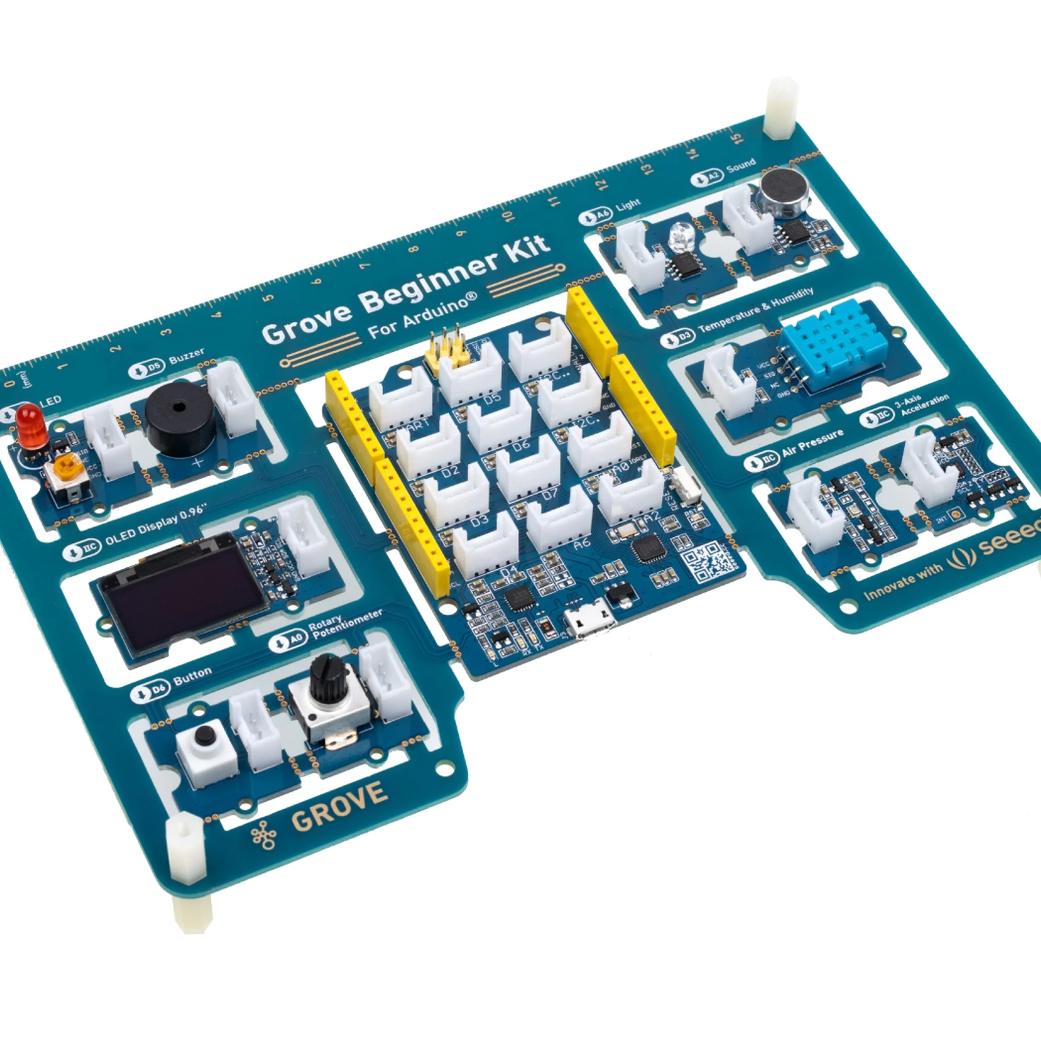 Grove Beginner Kit for Arduino – All-in-one Arduino Compatible Board with 10 Sensors and 12 Projects