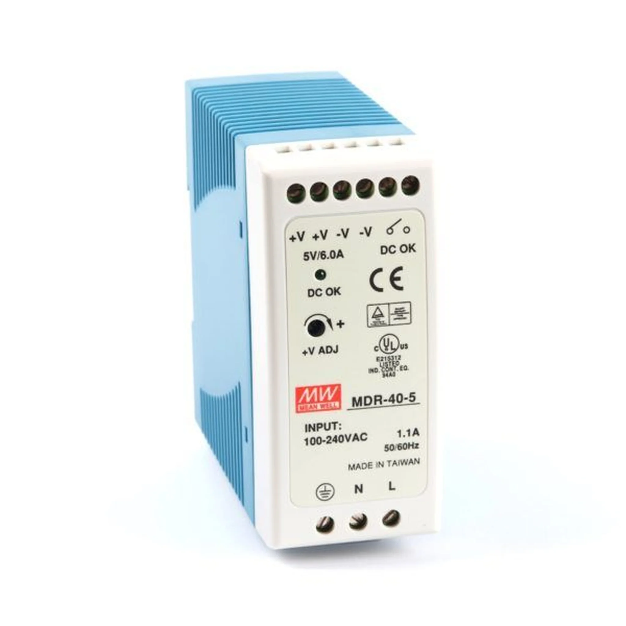 Mean Well DIN Rail Power Supply (PSU) for Raspberry Pi 5/4, ITE, 1 Output, 30 W, 5 VDC, 6 A MDR-40-5 AC/DC