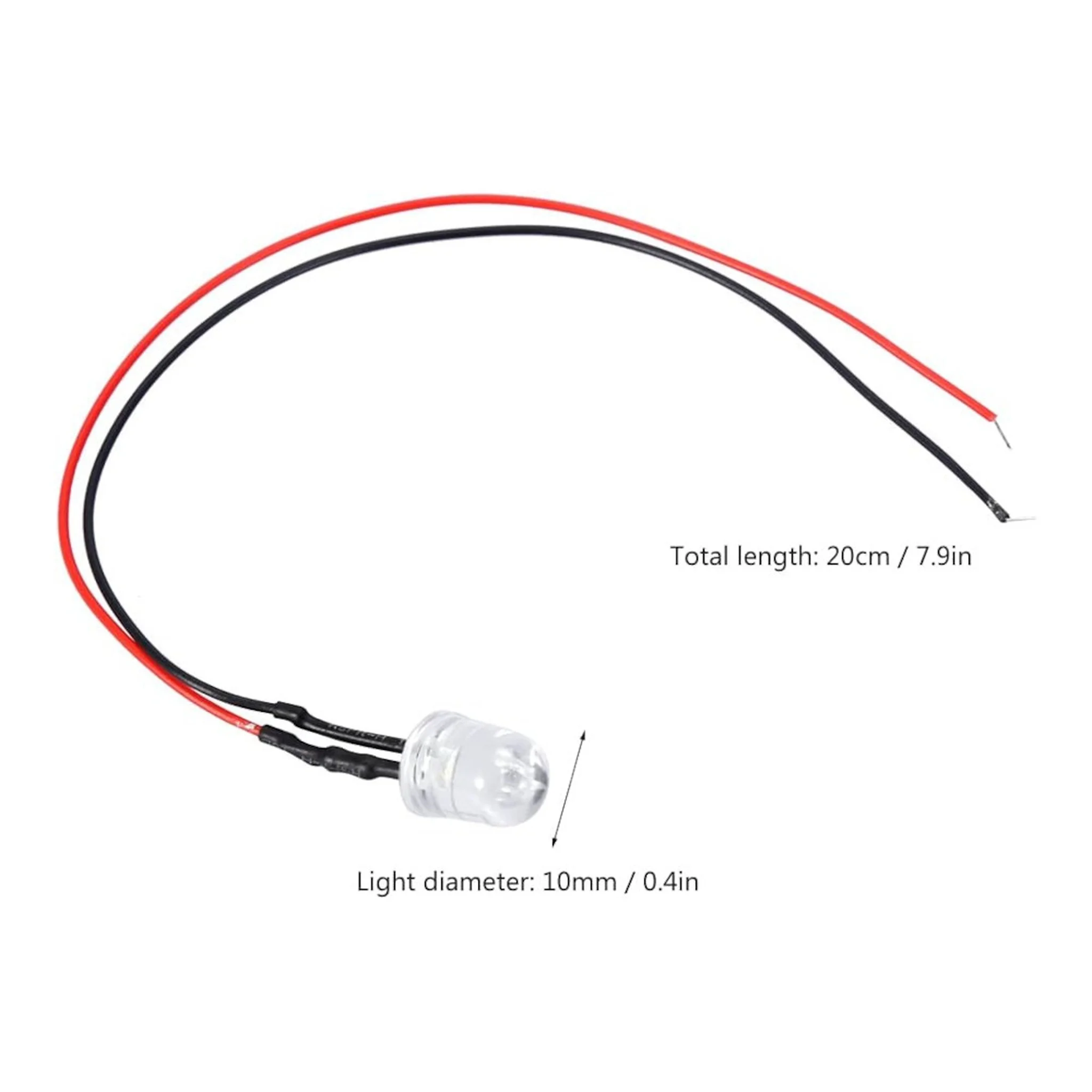 3V 10mm Round Head LED, white with green light, 20cm Cable